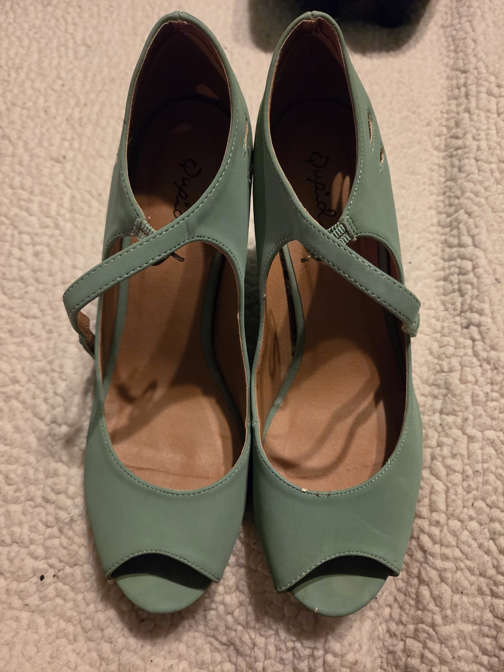 Qupid Mint Green Peep-Toe Mary Jane Wedges